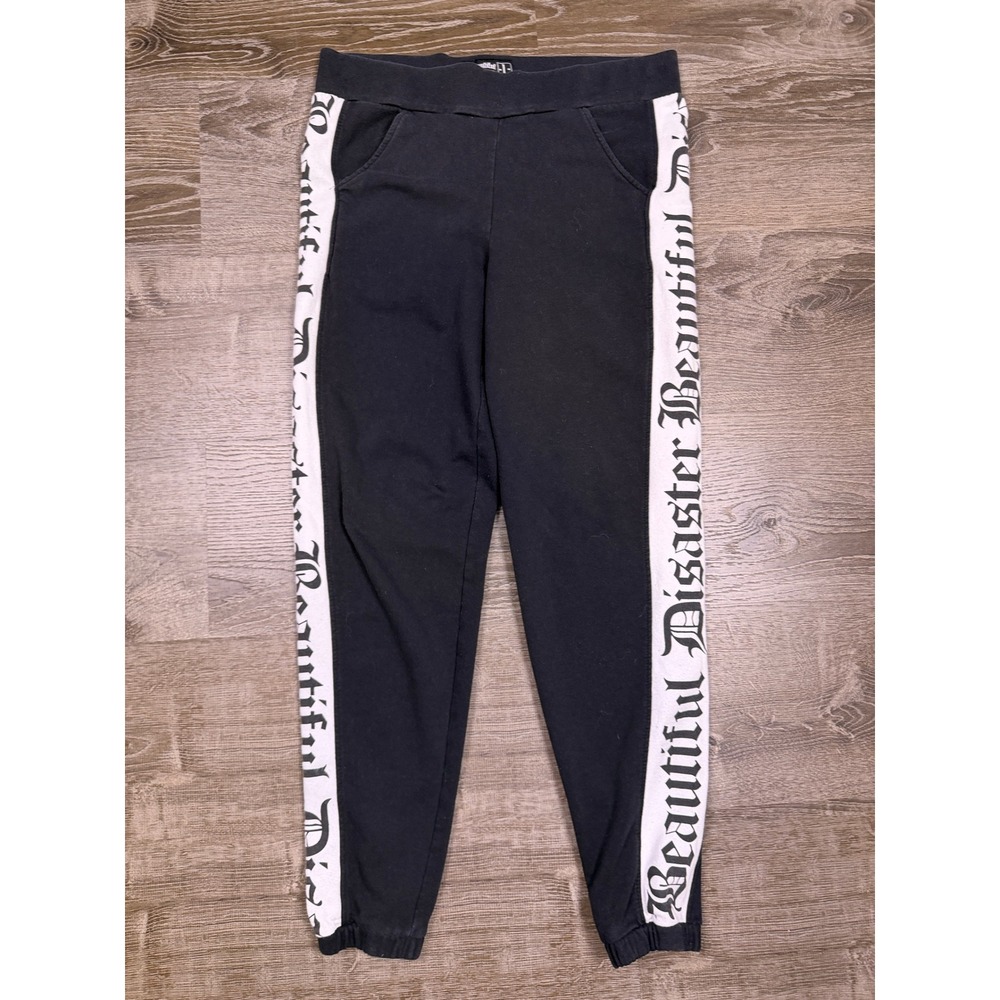 Y2K Beautiful‎ Disaster Jogger Pants Womens L Black White Gothic Graphic